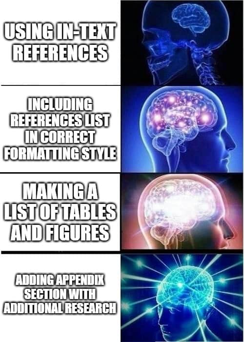 meme about expanding brain when using references, list of tables and figures and appendix section